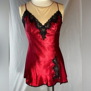 Vintage Frederick's of Hollywood Red and Black lace cami dress babydoll size med